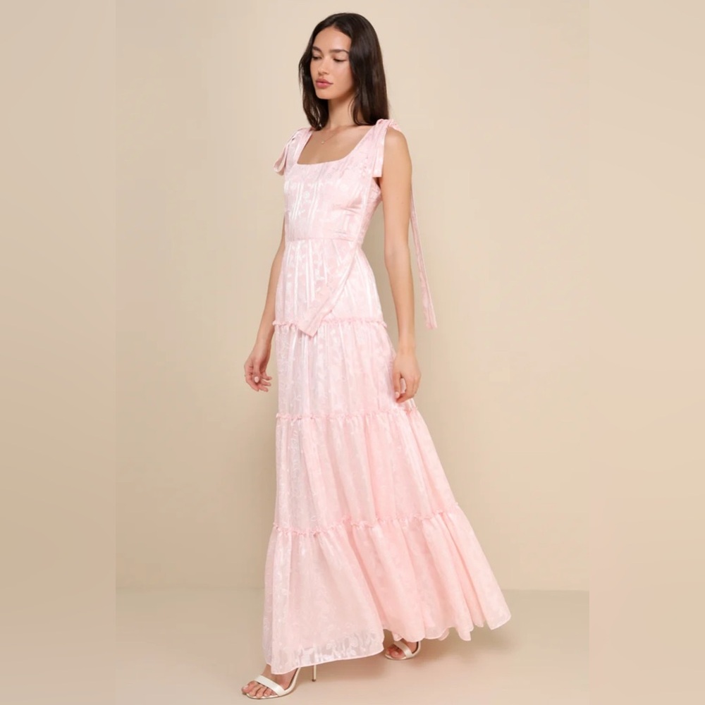 New Lulus Picturesque Allure Blush Pink Jacquard Tie-Strap Maxi Dress XL - Picture 3 of 4